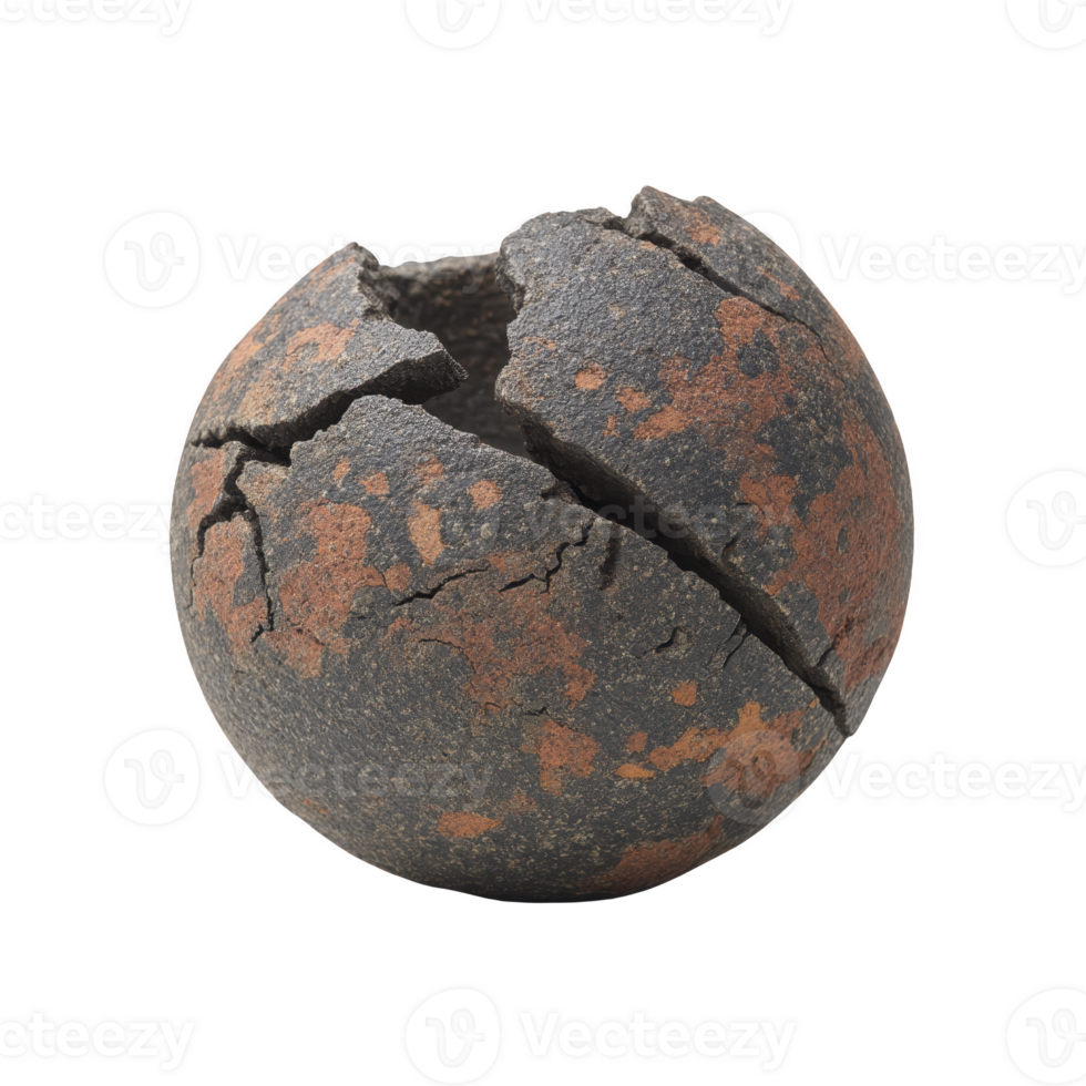 Cracked, weathered stone sphere with rough texture and reddish brown patches, suggesting age and natural erosion. sphere surface is uneven, adding to its rustic appearance png