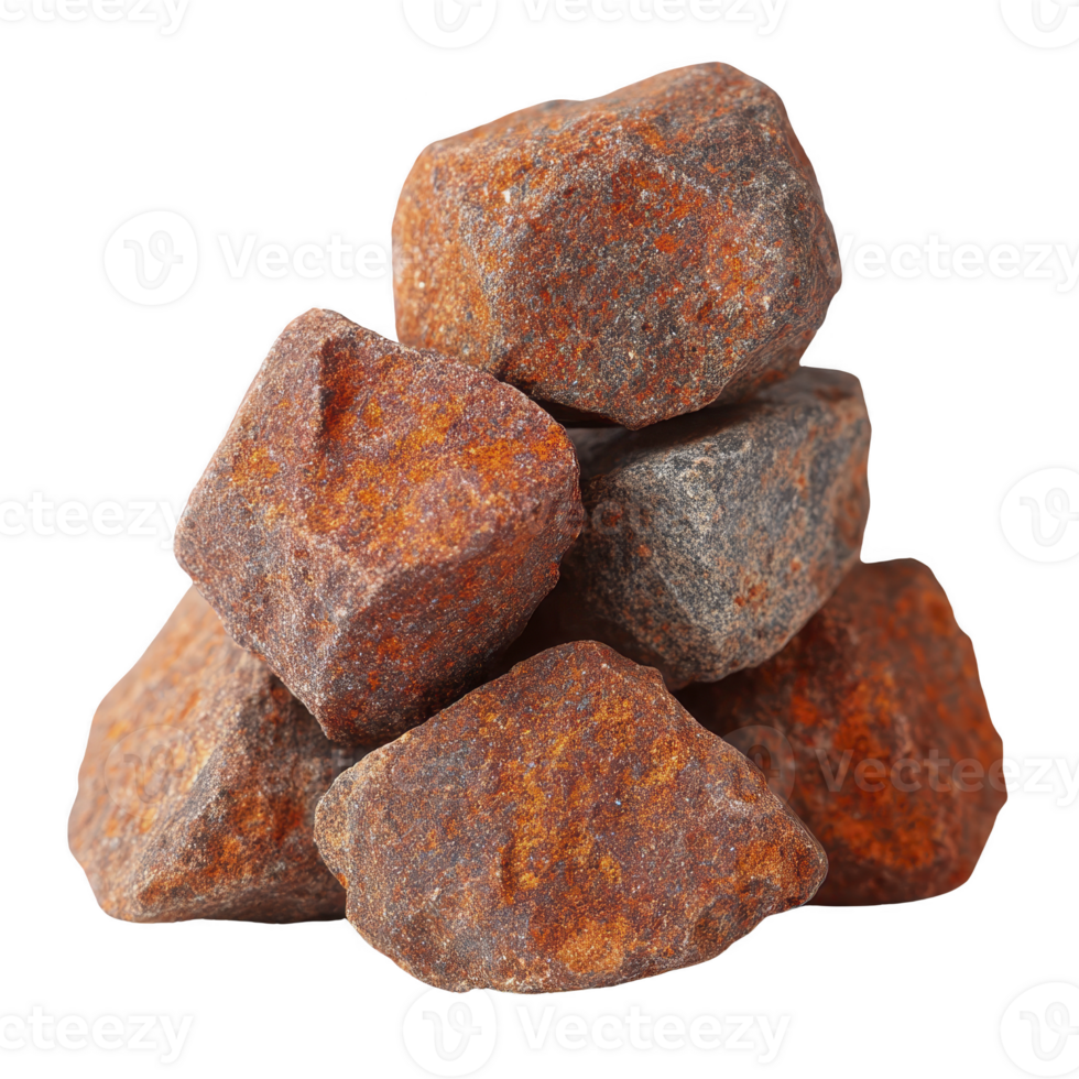 Stack of rough, reddish brown iron ore rocks is displayed, showcasing their natural texture and earthy tones. rocks are irregularly shaped, highlighting their raw, unrefined state png