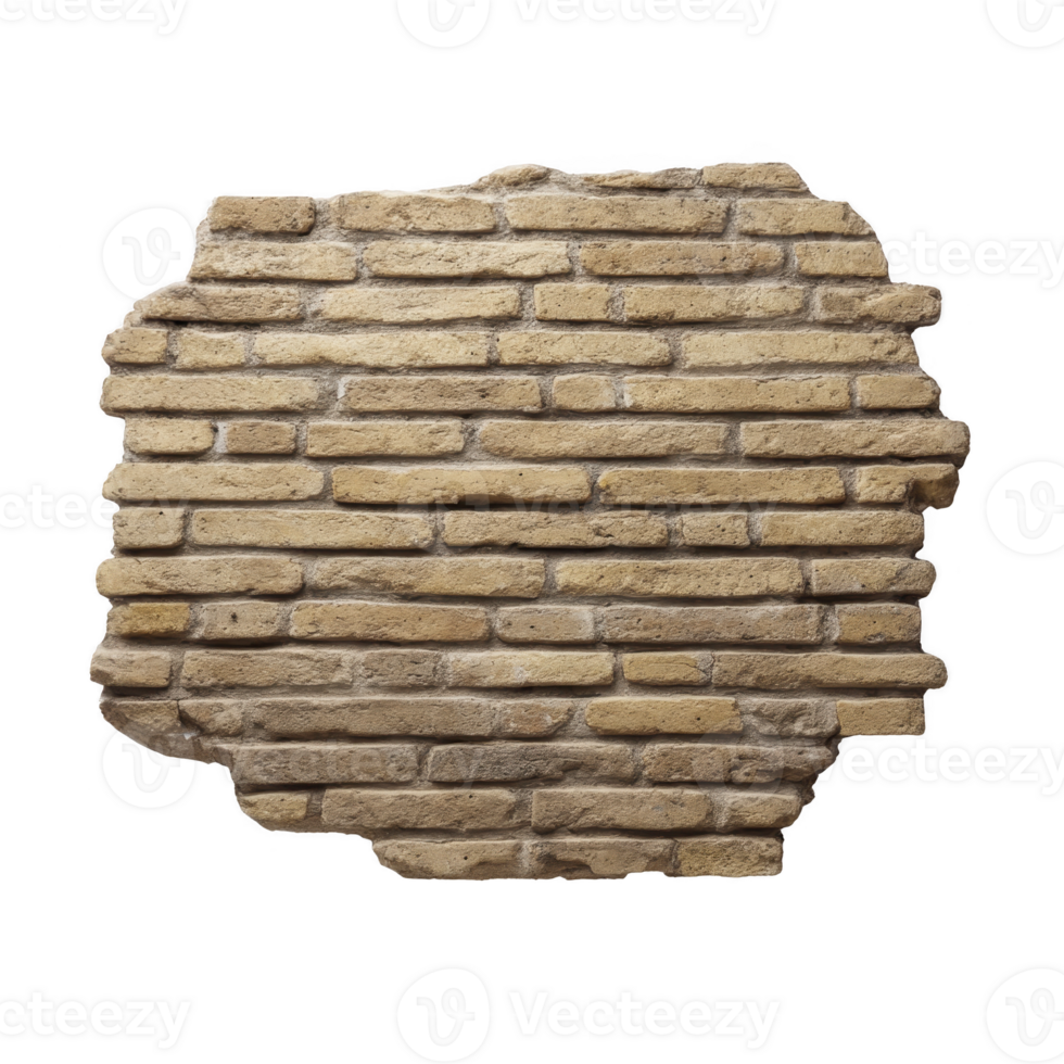 Section of exposed brick wall with rustic appearance, featuring uneven edges and variety of beige and brown tones, creating vintage and textured look png