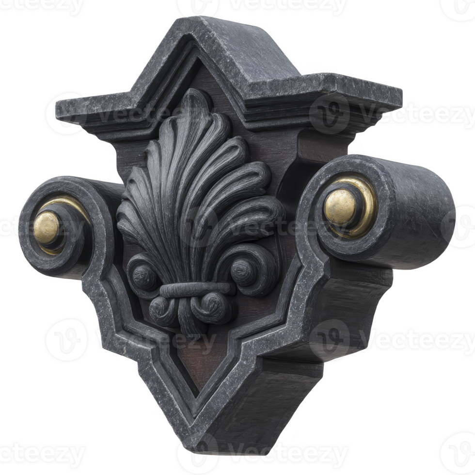 Ornate black architectural corbel with intricate leaf design and gold accents, showcasing classic elegance and craftsmanship png