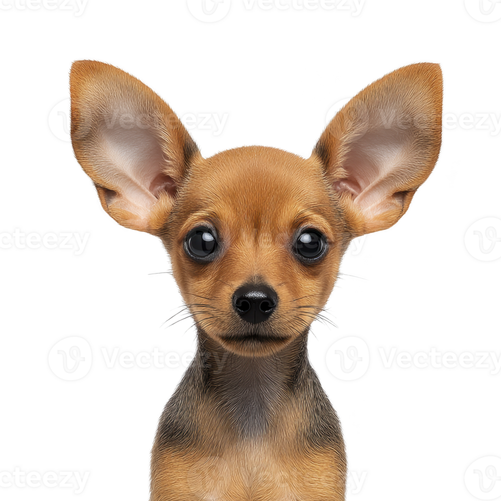 Cute Chihuahua puppy with large ears and expressive eyes stares directly at viewer, showcasing its small size and adorable features. background is plain, highlighting puppy png