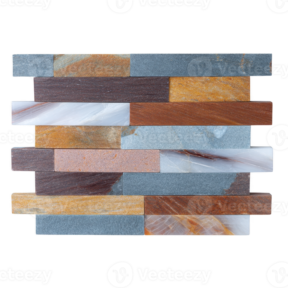 Colorful mosaic tile pattern featuring rectangular pieces in various shades of blue, brown, and orange, creating vibrant and textured design png