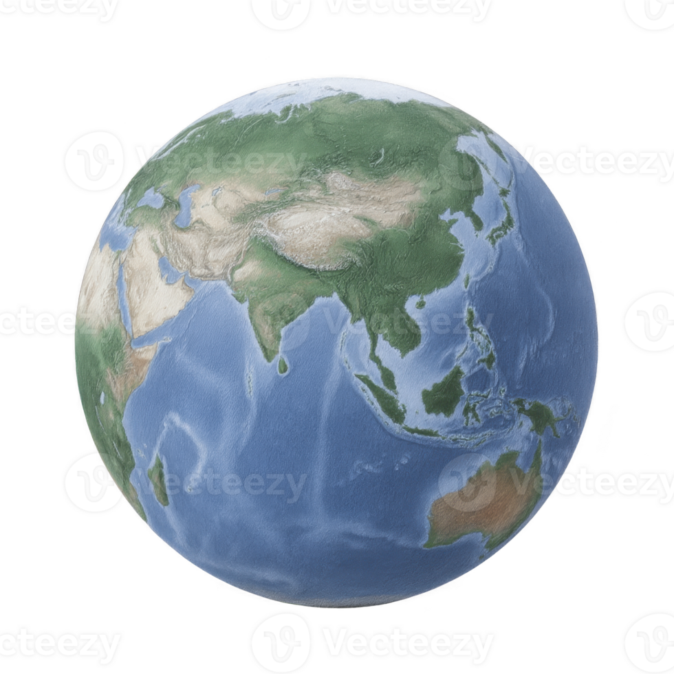 Detailed 3D rendering of Earth showcases Asia, Australia, and surrounding oceans, highlighting geographical features and topography. image provides realistic view of planet surface png