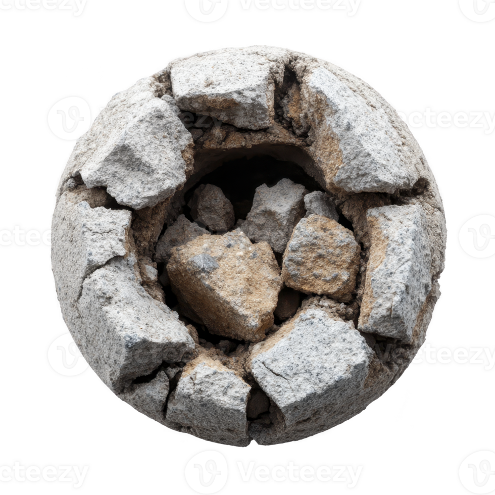 Circular arrangement of rough, gray stones forms textured, cracked pattern, resembling stone ring or ancient artifact. stones are irregularly shaped, creating rugged, natural appearance png