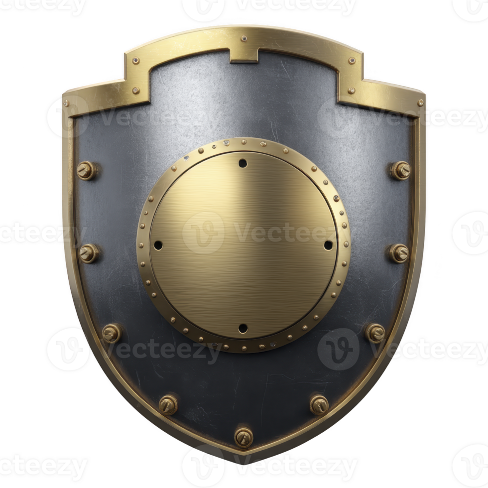 Metallic shield with gold border and central circular plate, featuring rivets for reinforcement, symbolizes protection and strength. design is sleek and medieval inspired png