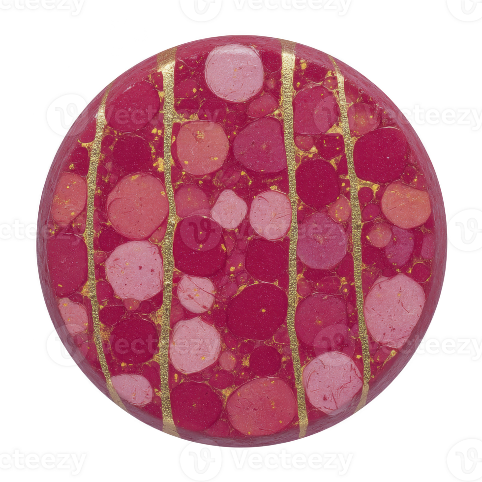Round, vibrant pink and gold decorative object features pattern of circular shapes with shimmering gold lines. design is artistic and eye catching, perfect for adding pop of color to any space png