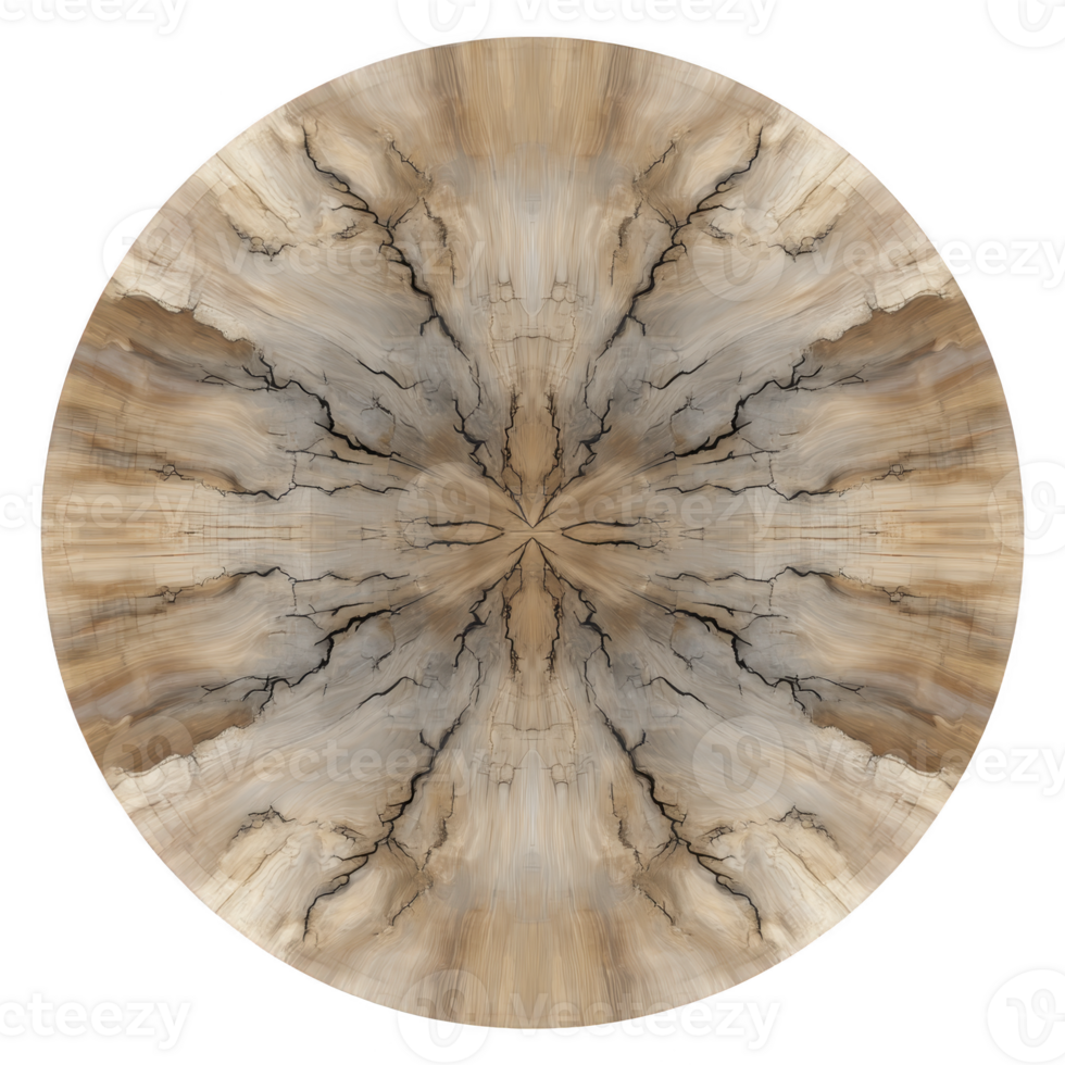 Circular abstract design with earthy tones and intricate patterns resembling natural wood grain and cracks, creating symmetrical and organic appearance png