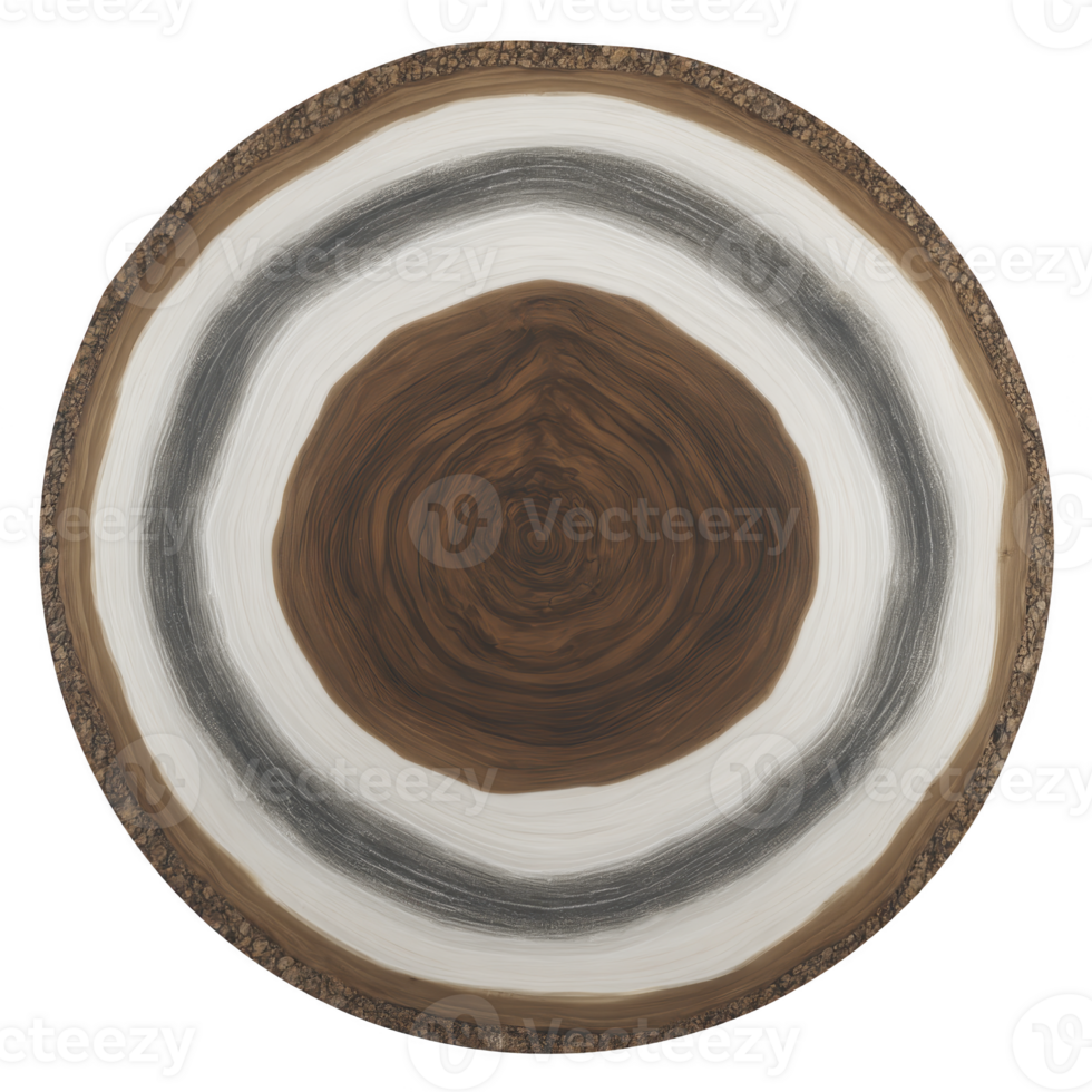 This shows cross section of tree trunk with visible growth rings, showcasing natural texture and pattern of wood. concentric circles vary color from dark brown to lighter shades, indicating png