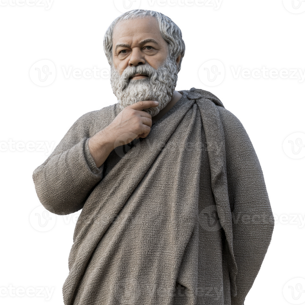 Thoughtful statue of ancient philosopher with contemplative expression, wearing textured robe. figure hand is raised to chin, suggesting deep reflection and wisdom png