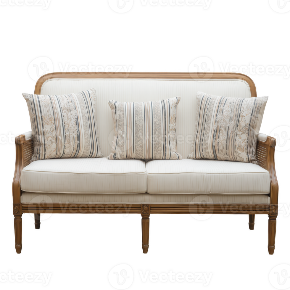 Elegant wooden sofa with striped and floral cushions, perfect for cozy living room setting. classic design and neutral tones add touch of sophistication and comfort png