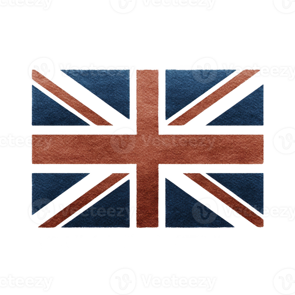 Image shows stylized British flag with textured appearance, featuring blue and red colors. design is artistic and abstract, giving unique twist to traditional flag.British flag with textured png