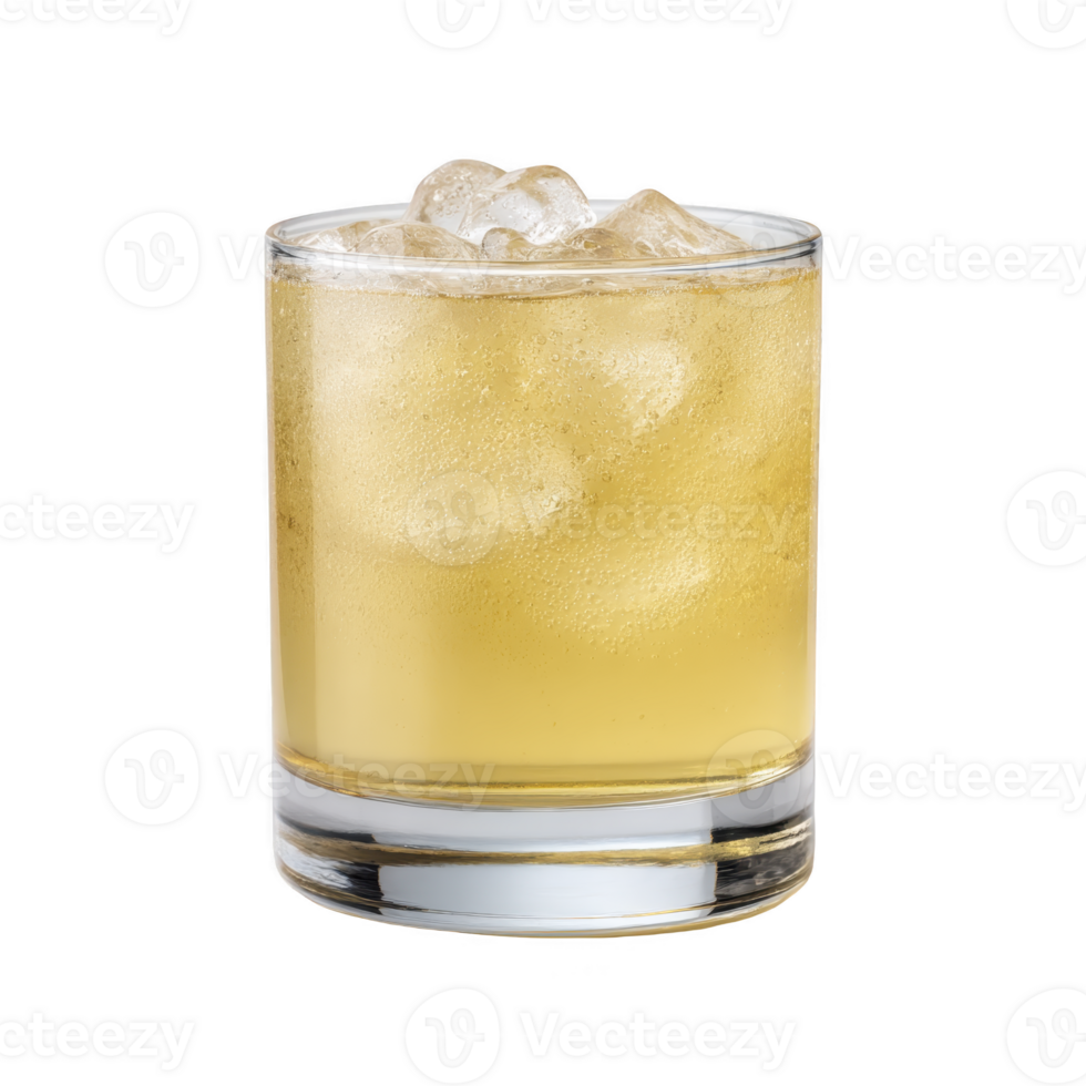 Refreshing glass of iced lemonade with golden hue, served in clear tumbler, showcasing cool, invigorating drink perfect for hot day png