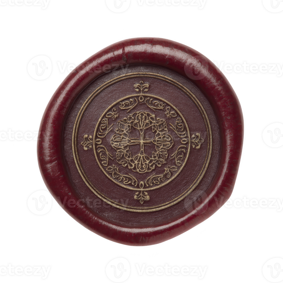 Vintage wax seal with intricate floral design in center, surrounded by ornate patterns, exudes sense of elegance and tradition. deep red wax adds touch of classic sophistication png