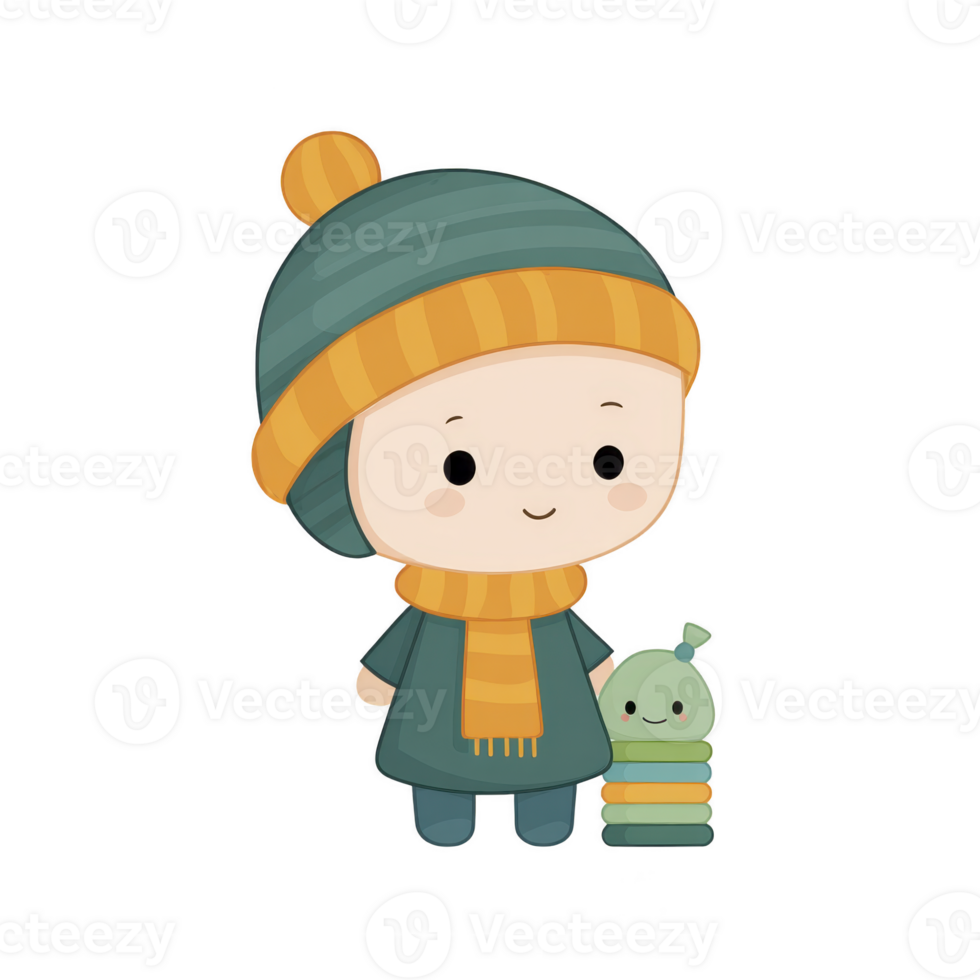 Cute cartoon character wearing winter hat and scarf, standing with smiling caterpillar toy. character has cheerful expression, dressed in warm clothing, and scene is playful and whimsical png