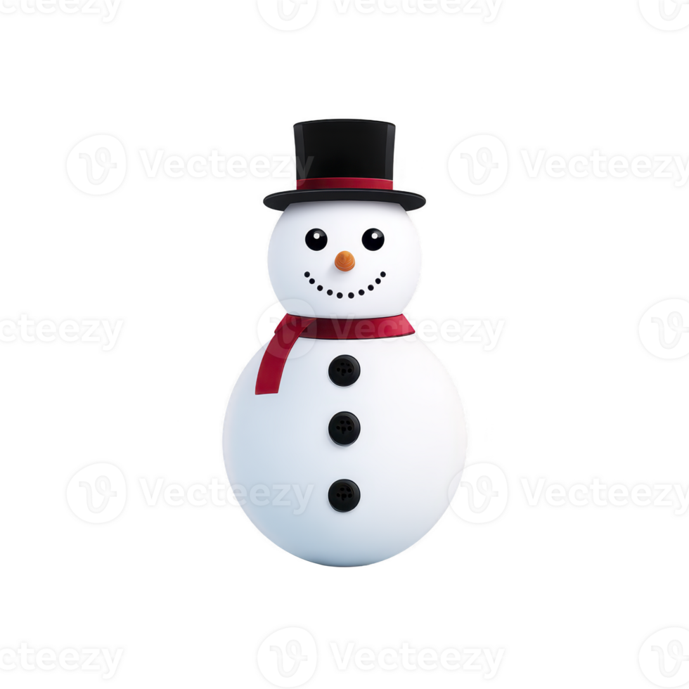 Cheerful snowman with black top hat and red scarf, featuring carrot nose and coal buttons, stands against transparency background. snowman exudes festive and joyful winter vibe png
