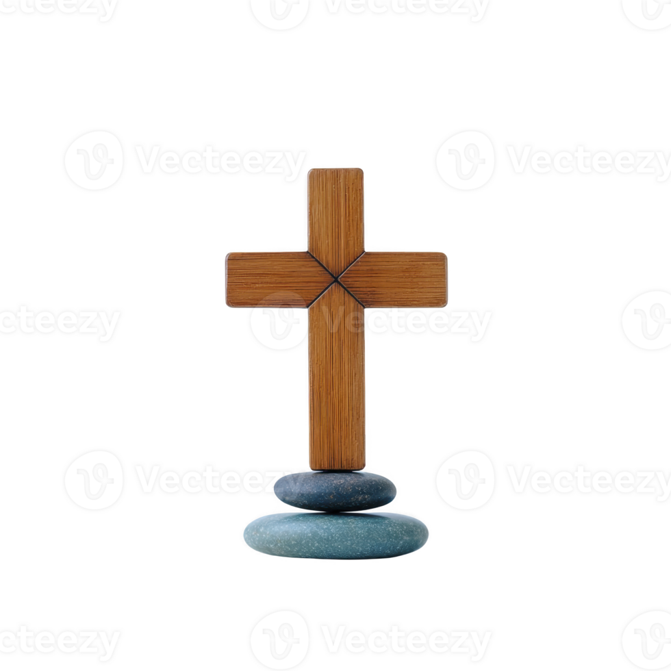 Wooden cross stands balanced on three smooth stones, symbolizing faith and stability. natural textures of wood and stones create serene and contemplative atmosphere png