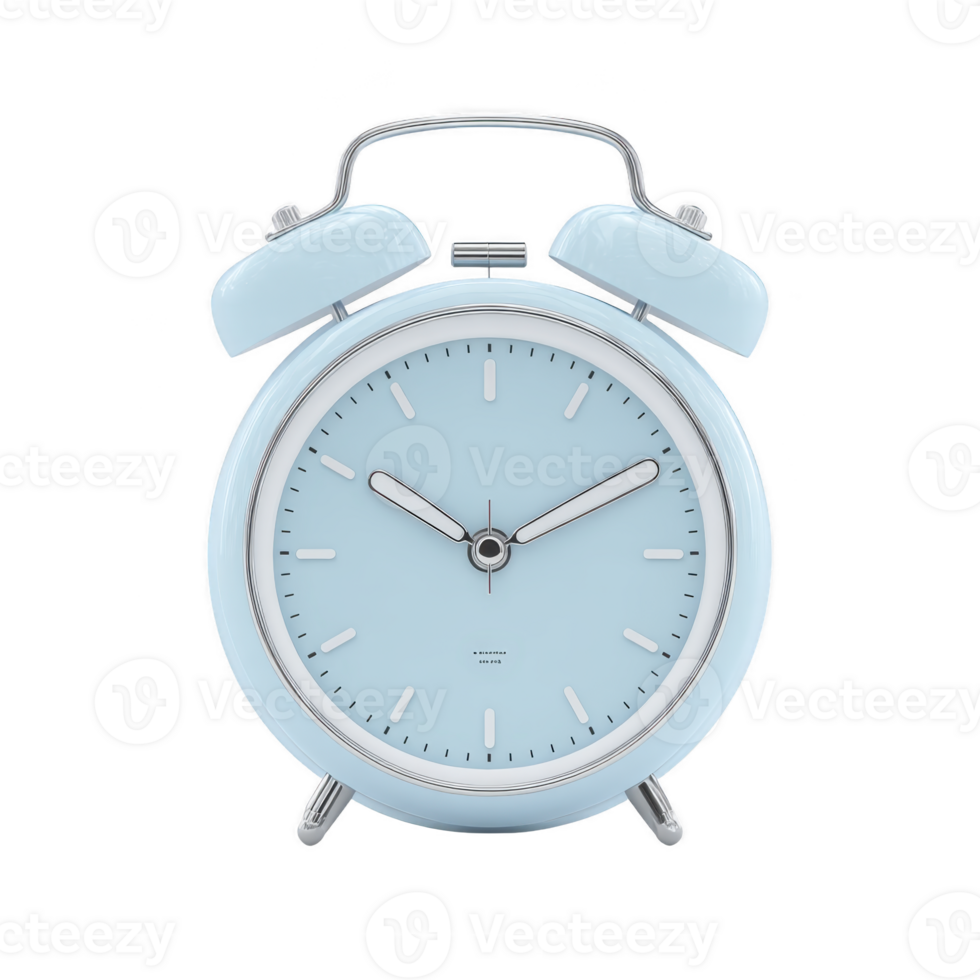 Light blue vintage alarm clock with twin bells and classic design, featuring minimalist clock face with silver hands and markers, evokes sense of nostalgia and simplicity png