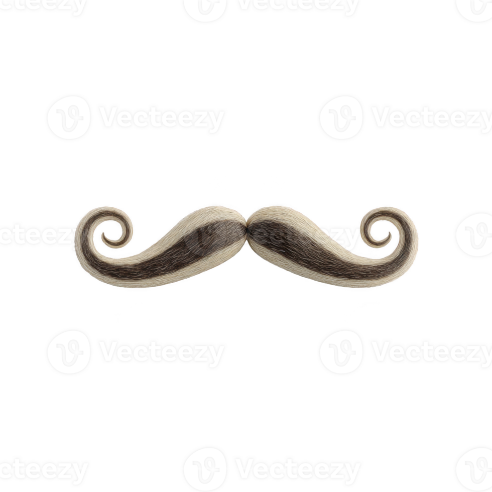 Vintage style curled mustache with classic design, featuring two tone color pattern. mustache is isolated on transparency background, showcasing its elegant and playful appearance png