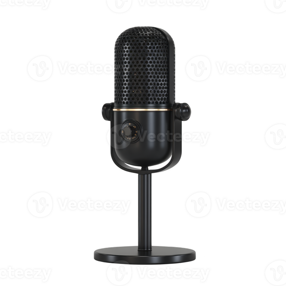 Sleek black microphone with mesh grille and sturdy stand, perfect for podcasting or recording. design is modern and professional, ideal for studio use png