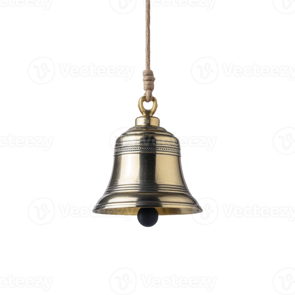 Shiny brass bell hangs from rope, reflecting light on its smooth surface. bell classic design and metallic finish evoke sense of tradition and nostalgia png