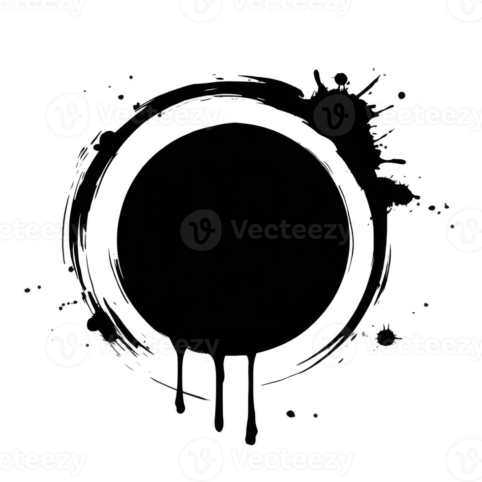 Black circular ink splatter with drips and splashes creates dynamic, artistic effect on transparent background. design is bold and abstract, perfect for creative projects png