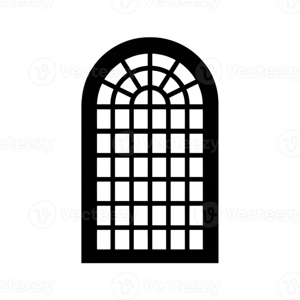 Elegant arched window with grid pattern, featuring classic design. window is black and stands out against transparent background, perfect for architectural or design projects png