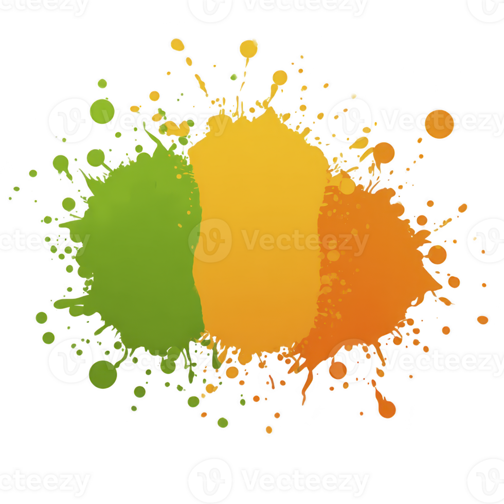 Vibrant splash of green, yellow, and orange paint creates abstract design with dynamic energy. colorful splatters form lively and artistic pattern png