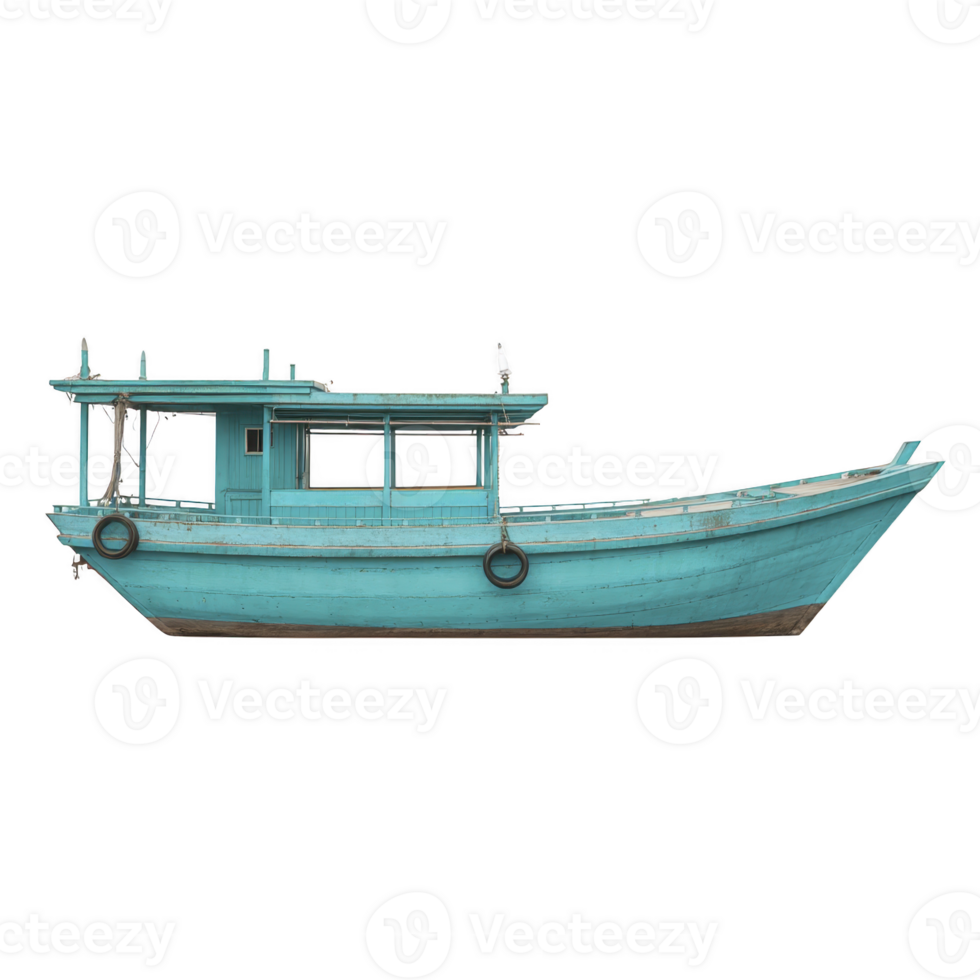 Vintage wooden fishing boat with rustic charm, painted in weathered turquoise hue, isolated on transparency background. boat features small cabin and several tires as bumpers png