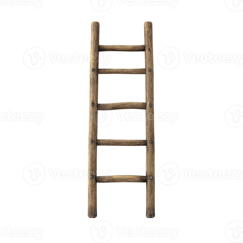 Rustic wooden ladder with five rungs stands upright, showcasing its natural texture and sturdy design. ladder simplicity and vintage appeal evoke sense of nostalgia png