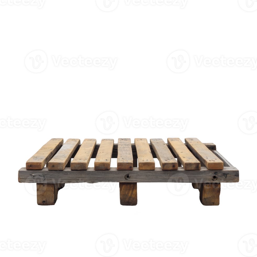 Wooden pallet with rustic appearance is displayed against plain background, showcasing its sturdy construction and natural wood texture png