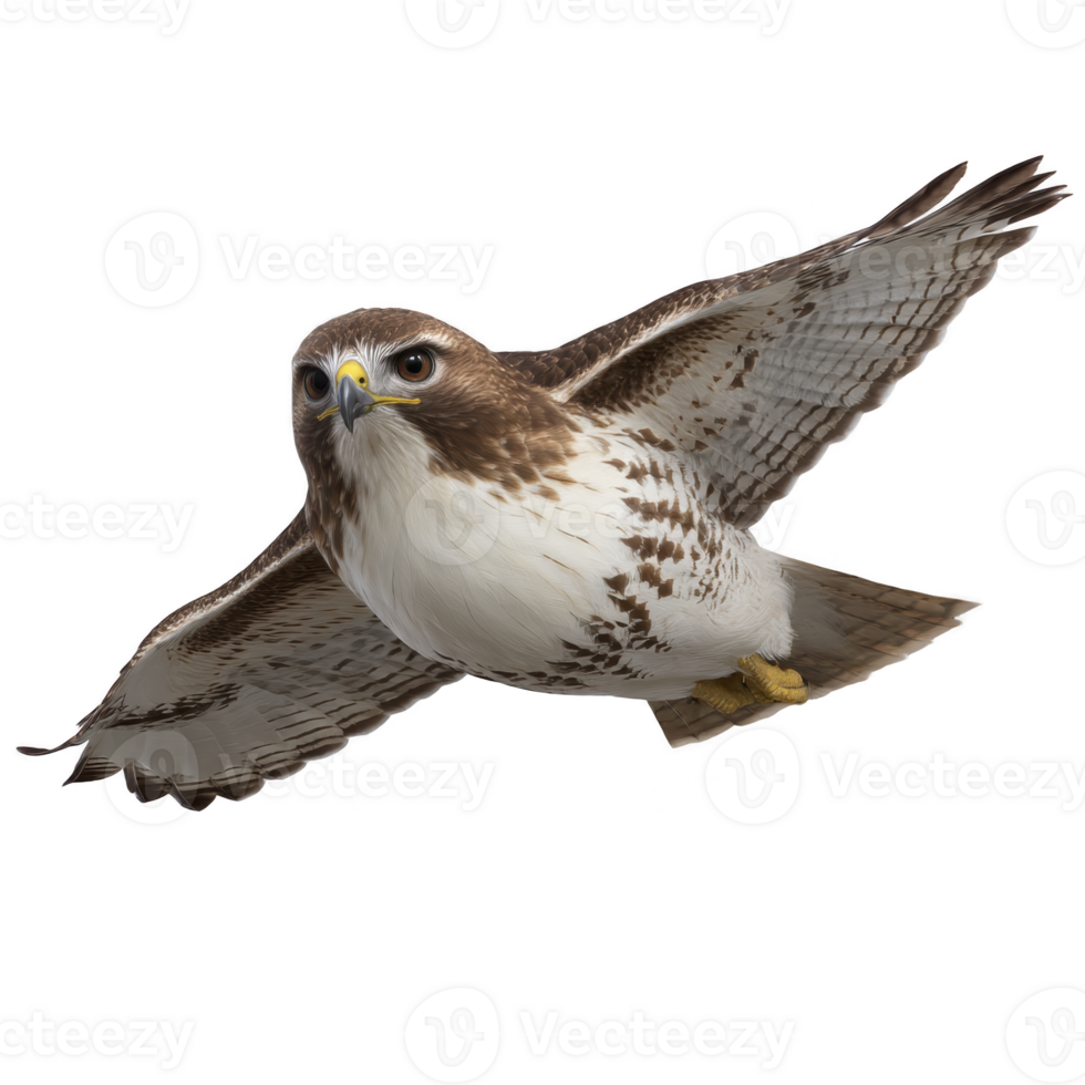 Majestic hawk soars through sky, showcasing its impressive wingspan and sharp gaze. bird detailed feathers and focused expression highlight its grace and power in flight png