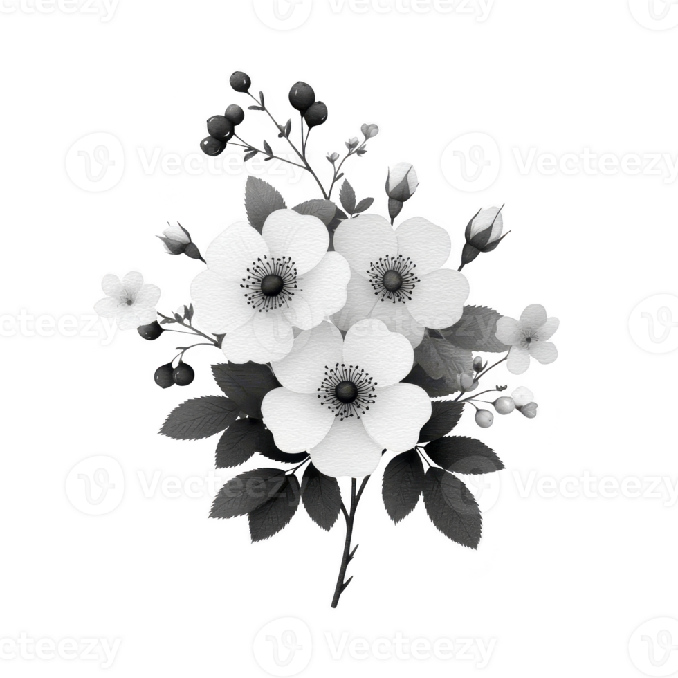 Grayscale illustration of floral arrangement features detailed flowers and leaves, creating elegant and artistic design. monochrome palette adds classic and timeless feel png