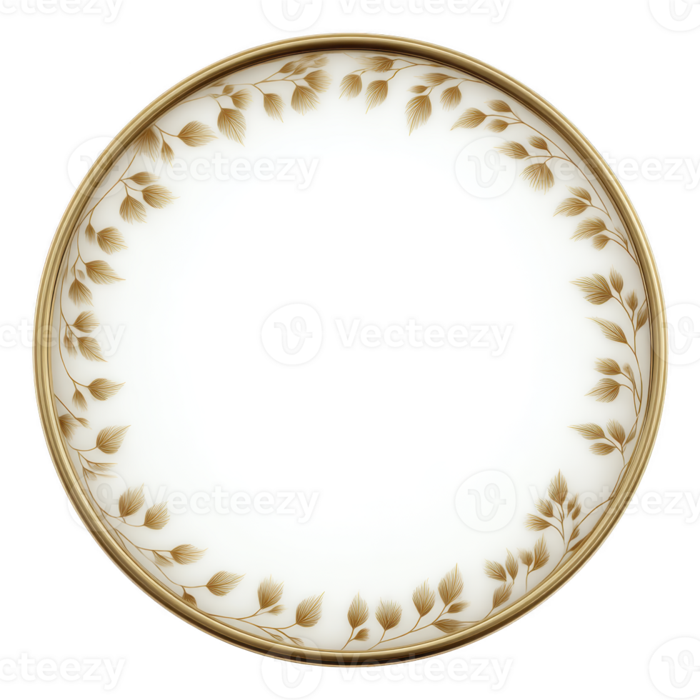 Round, elegant white plate with delicate gold leaf pattern around edge, perfect for formal dining settings. intricate design adds touch of sophistication and luxury png