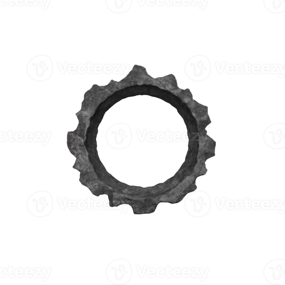 Textured, circular, black gear like object with rugged, industrial appearance, isolated on transparency background. object has rough, uneven surface, suggesting wear or age png