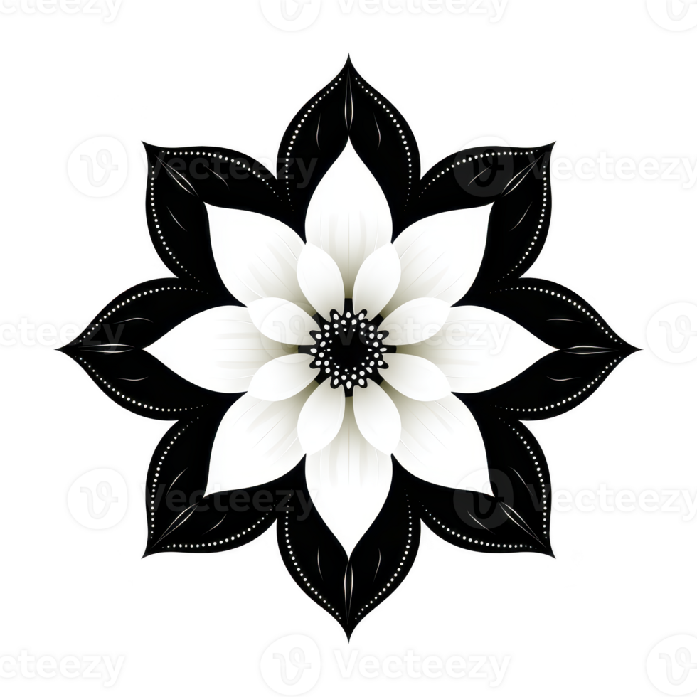 Symmetrical black and white floral mandala design with intricate patterns and central flower motif, creating sense of balance and harmony png