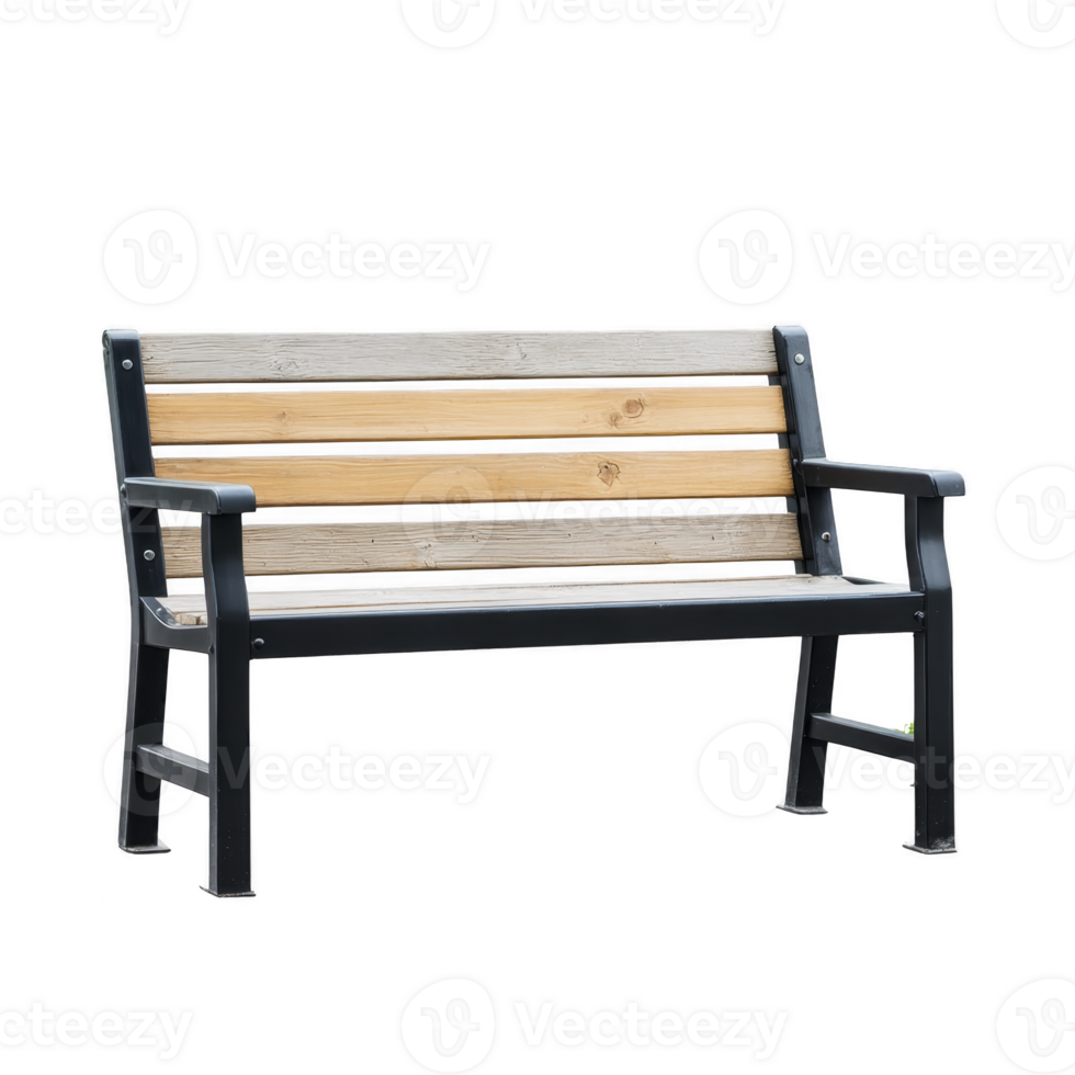 Wooden and metal park bench with simple, sturdy design, featuring horizontal wooden slats and metal armrests, perfect for outdoor seating in gardens or public spaces png