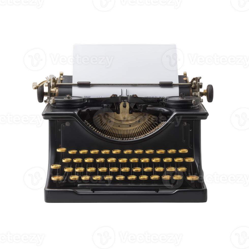 Vintage black typewriter with sheet of paper inserted, showcasing its classic design and mechanical keys. typewriter evokes sense of nostalgia and timeless elegance png