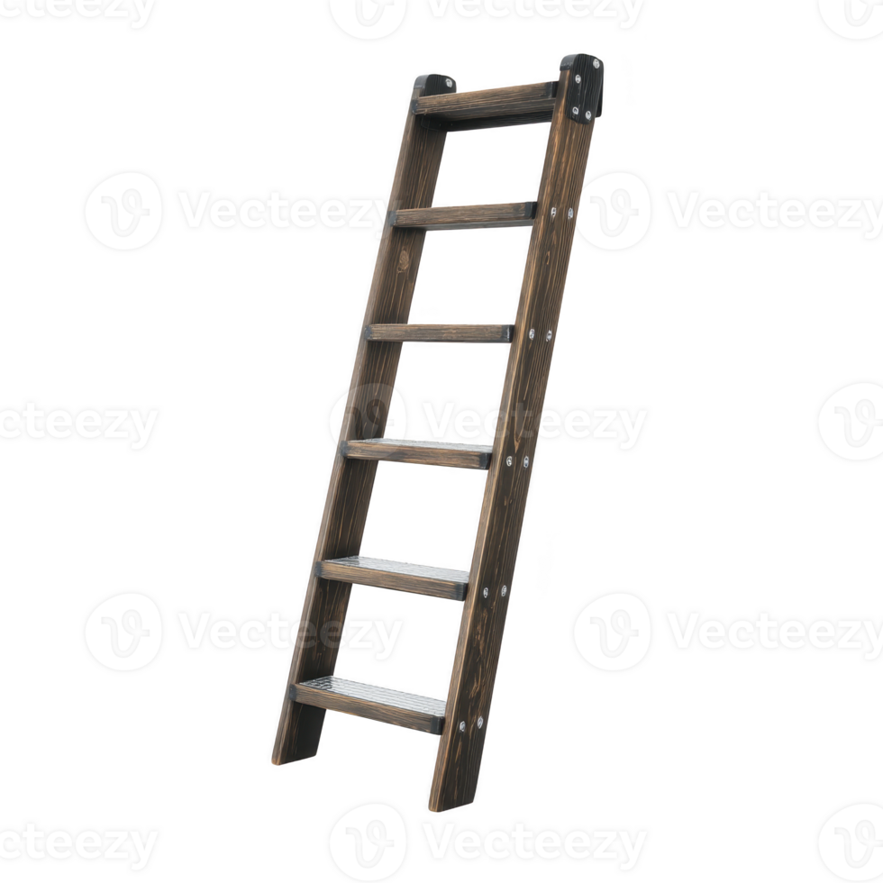 Wooden ladder with five steps is shown, featuring dark finish and metal reinforcements at top. ladder is designed for indoor use, providing sturdy and reliable option for reaching higher areas png
