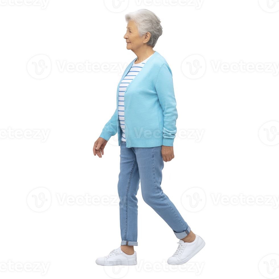 Elderly woman walking confidently in casual attire, wearing light blue cardigan, striped shirt, and jeans with white sneakers. She appears content and relaxed png
