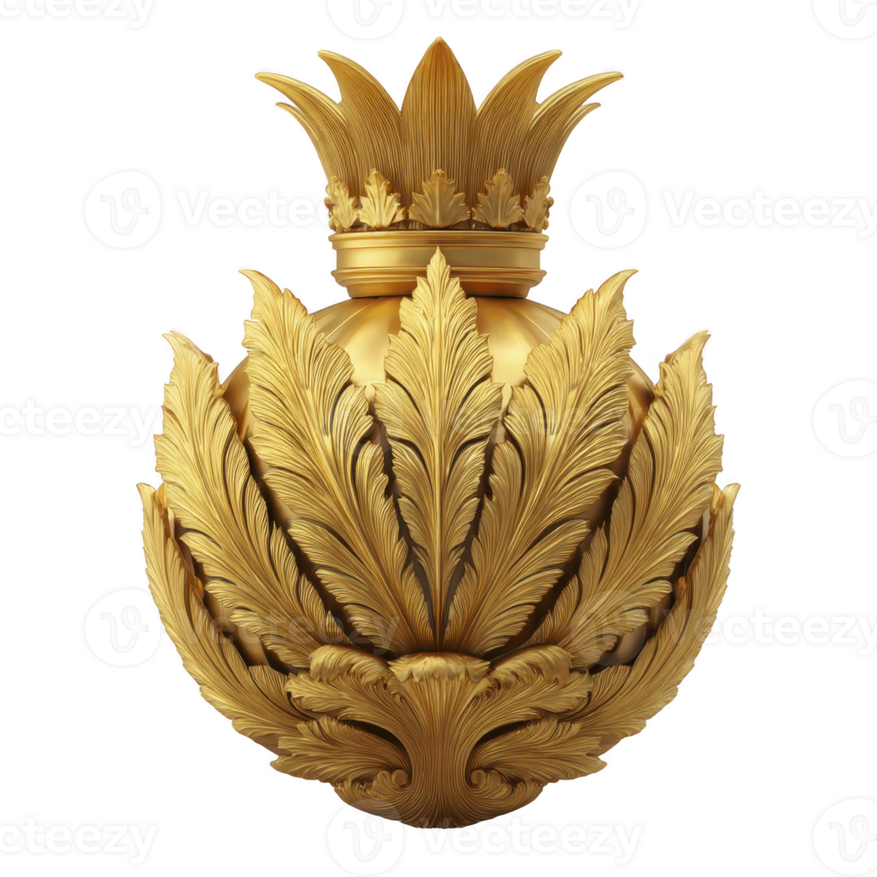 Golden ornate vase with intricate leaf patterns and crown like top, showcasing luxurious and elegant design. detailed craftsmanship highlights sense of opulence and artistic flair png