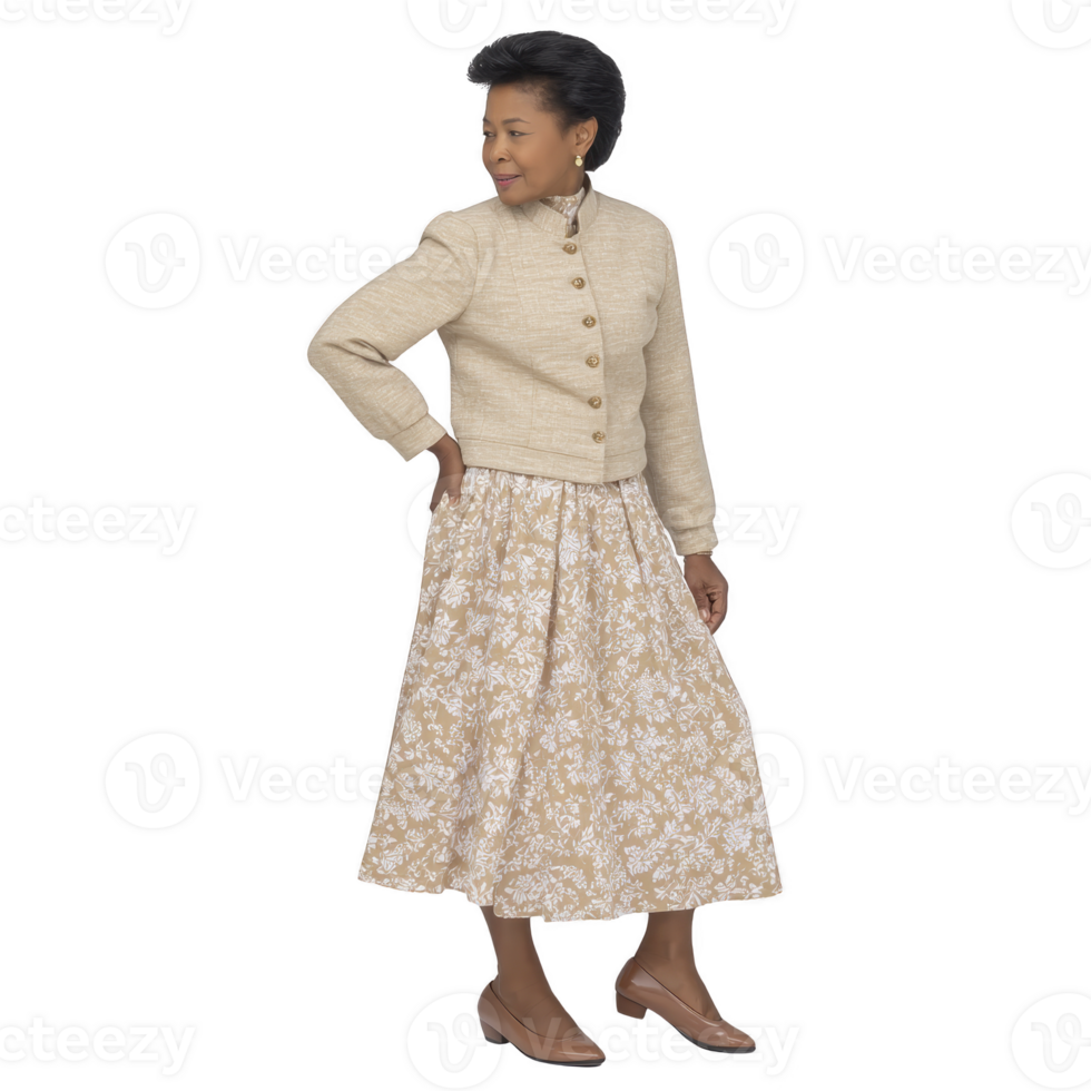 Woman in beige jacket and floral skirt stands confidently, showcasing vintage style. Her outfit includes buttoned jacket and patterned skirt, complemented by brown shoes png