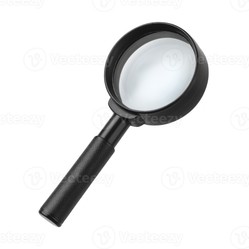 Black magnifying glass with textured handle and clear lens, used for close up examination and investigation. tool is isolated on transparency background png