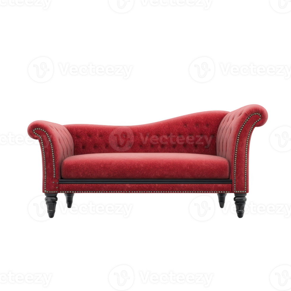 Luxurious red velvet sofa with elegant tufted design and curved armrests, perfect for adding touch of sophistication to any living room png