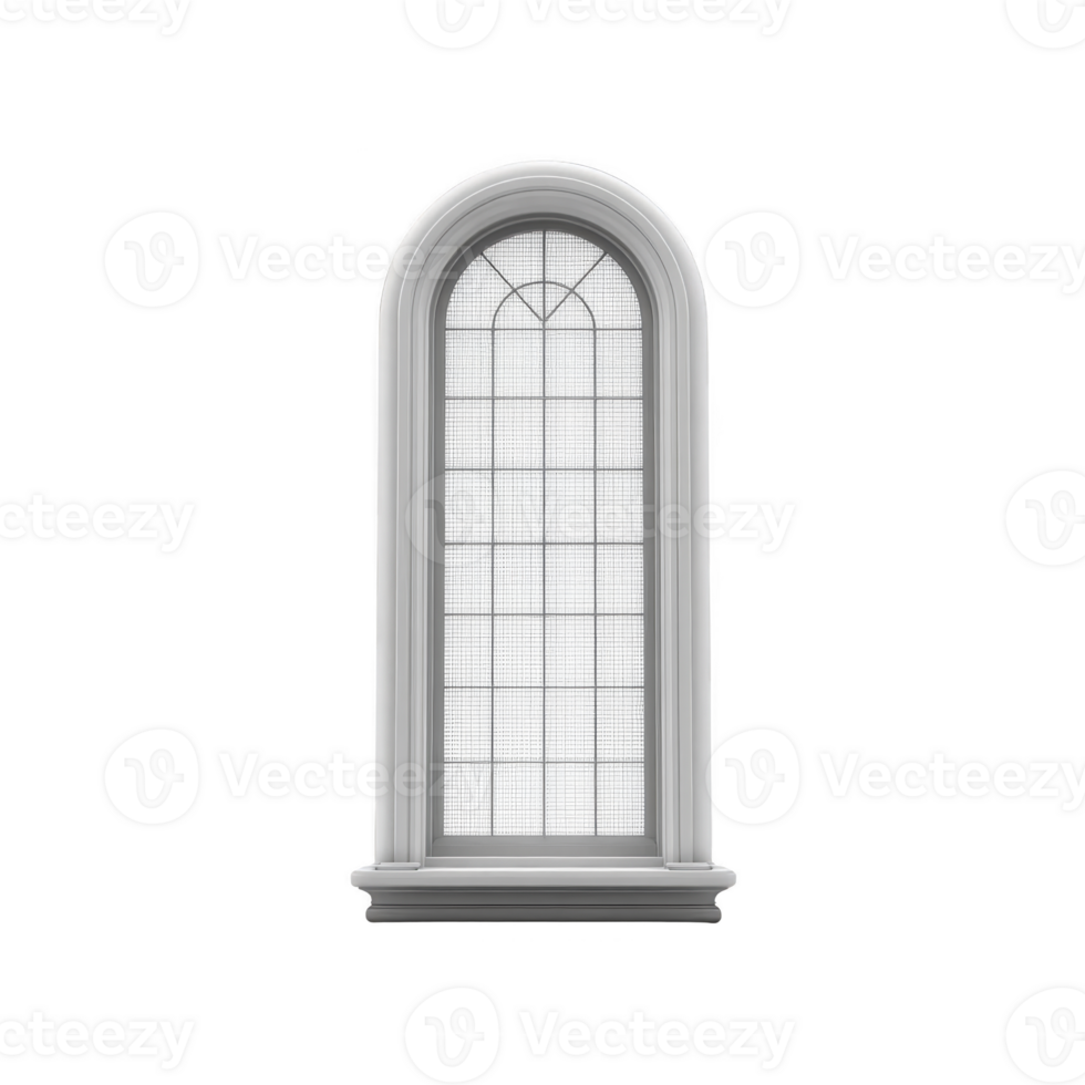 Elegant arched window with grid pattern and decorative frame, perfect for classic architectural designs. window design adds touch of sophistication and charm png