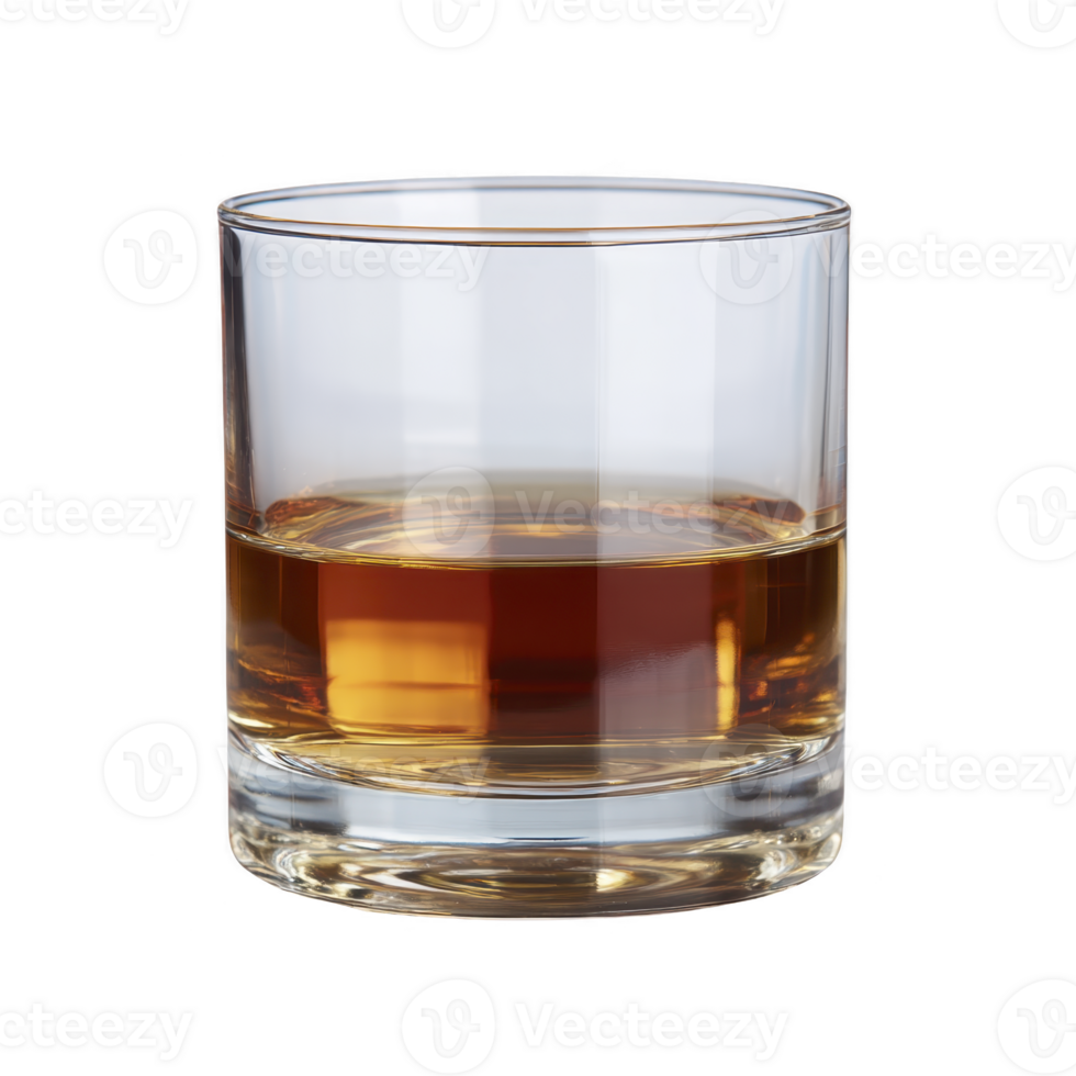 Glass of amber liquid, likely whiskey, sits on clear surface, showcasing its rich color and clarity. simple elegance of glass enhances drink appeal png