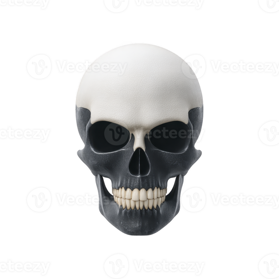 Realistic human skull illustration with smooth texture and detailed features, set against plain background. skull is depicted in frontal view, showcasing its anatomical structure png