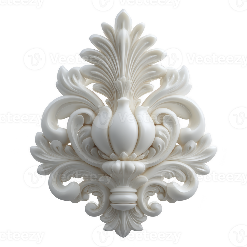Intricate white ornamental design featuring floral and leaf motifs, showcasing elegant curves and detailed craftsmanship. symmetrical pattern exudes classic and sophisticated aesthetic png