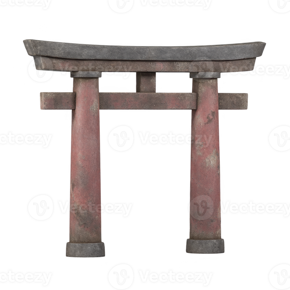 Traditional Japanese torii gate with weathered red pillars and black top beam, symbolizing entrance to sacred space. rustic appearance adds sense of history and cultural significance png