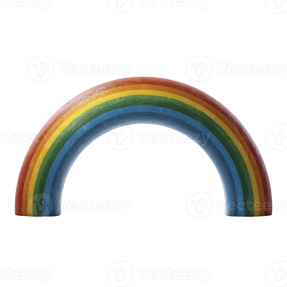 Colorful wooden rainbow arch with vibrant hues of red, orange, yellow, green, blue, and purple, symbolizing diversity and joy. smooth texture adds playful touch png
