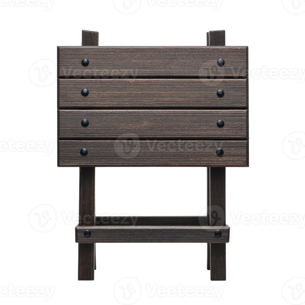 Wooden easel with dark finish and multiple horizontal slats, featuring black knobs, stands on sturdy base. design is simple and functional, suitable for various artistic or display purposes png